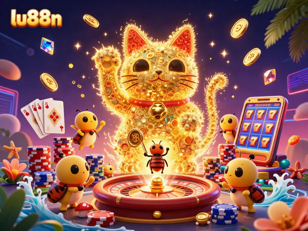 Experience exhilarating wins at lu88n with a vibrant scene of lucky charms and casino symbols.