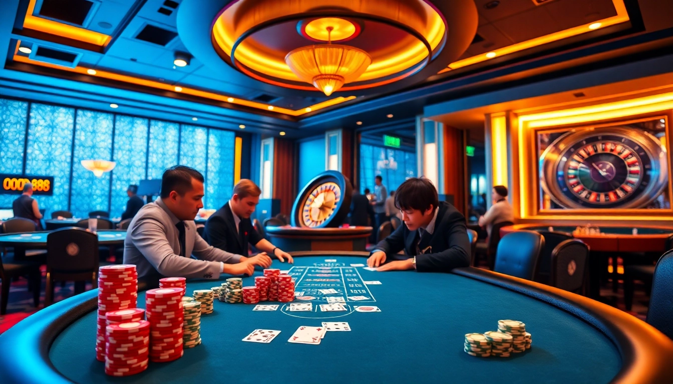 Players enjoying an exciting poker game at GOOD88 casino, surrounded by vibrant atmosphere and luxurious decor.