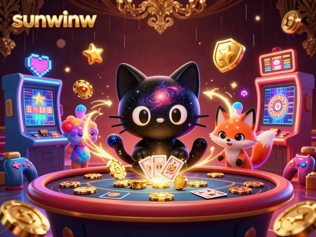 Engage with sunwinw's vibrant cosmic casino featuring a black hole cat and nebula fox drawing in golden chips!