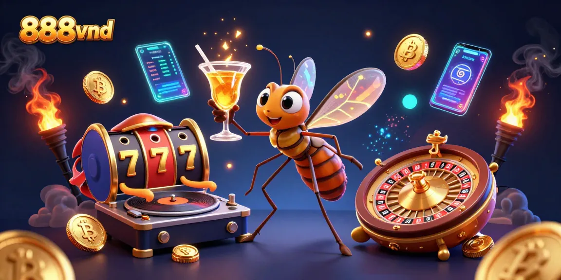 Experience 888vnd with unique casino elements like slots, a DJ, and golden games in a vibrant digital scene.