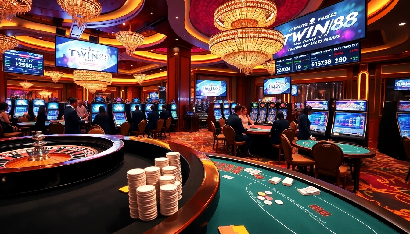 TWIN68 players enjoying an exciting casino experience with poker tables and slot machines.