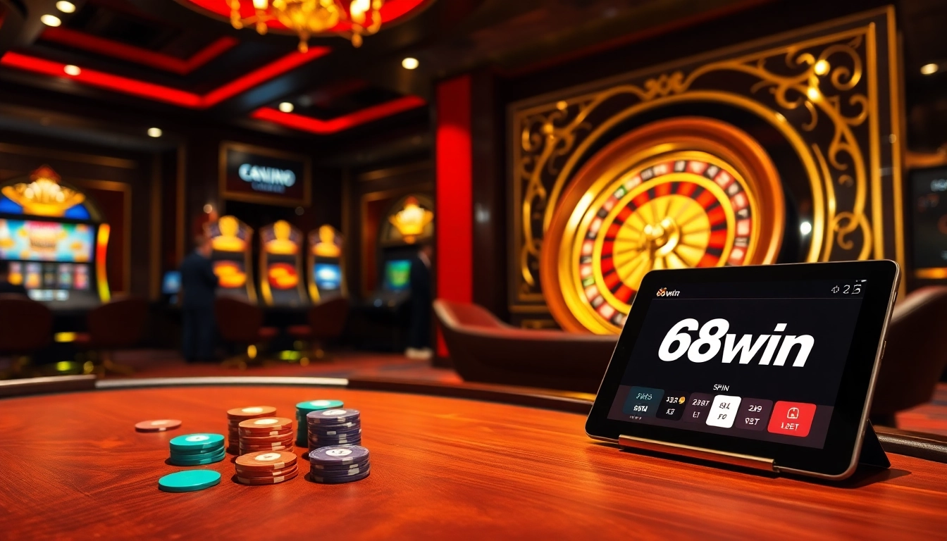 Experience thrilling gameplay at 68win's vibrant casino scene, featuring poker chips and roulette.