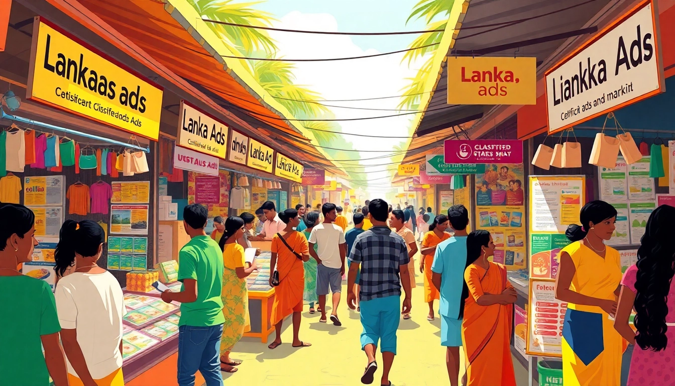 Lively marketplace scene showcasing Lanka Ads with people engaging with colorful advertisements.