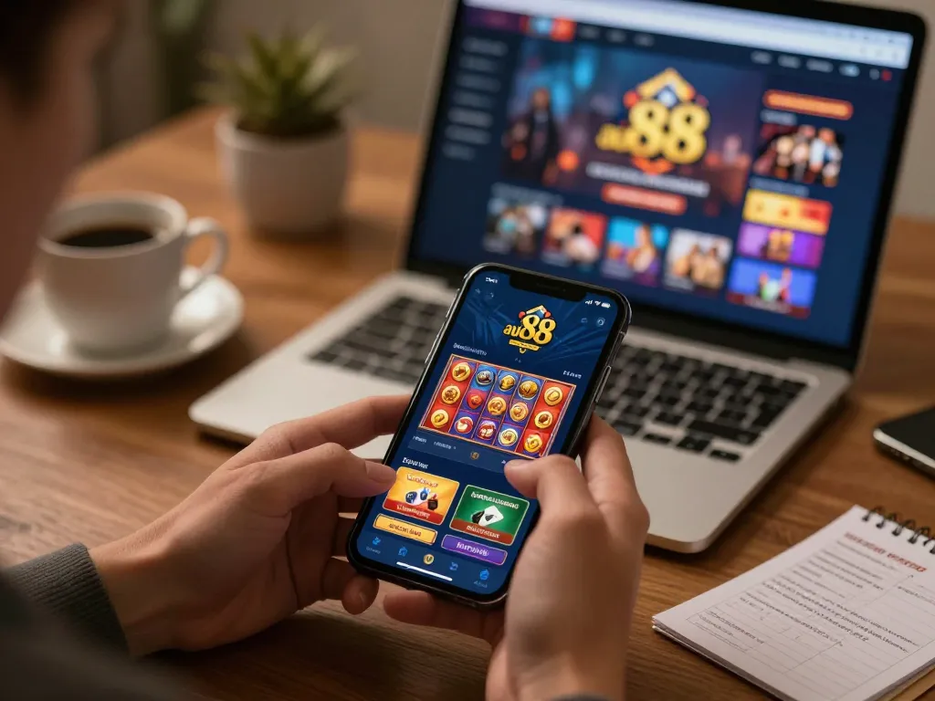 Engaging with the au 88 casino app on a smartphone in a cozy home setting.