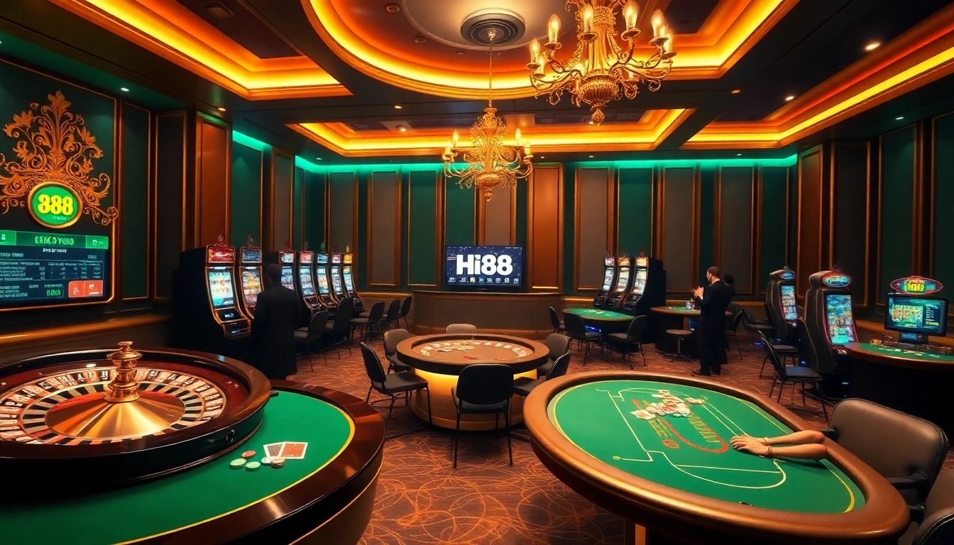 Experience the thrill of gambling with Hi88's vibrant casino scene, featuring roulette and slots.