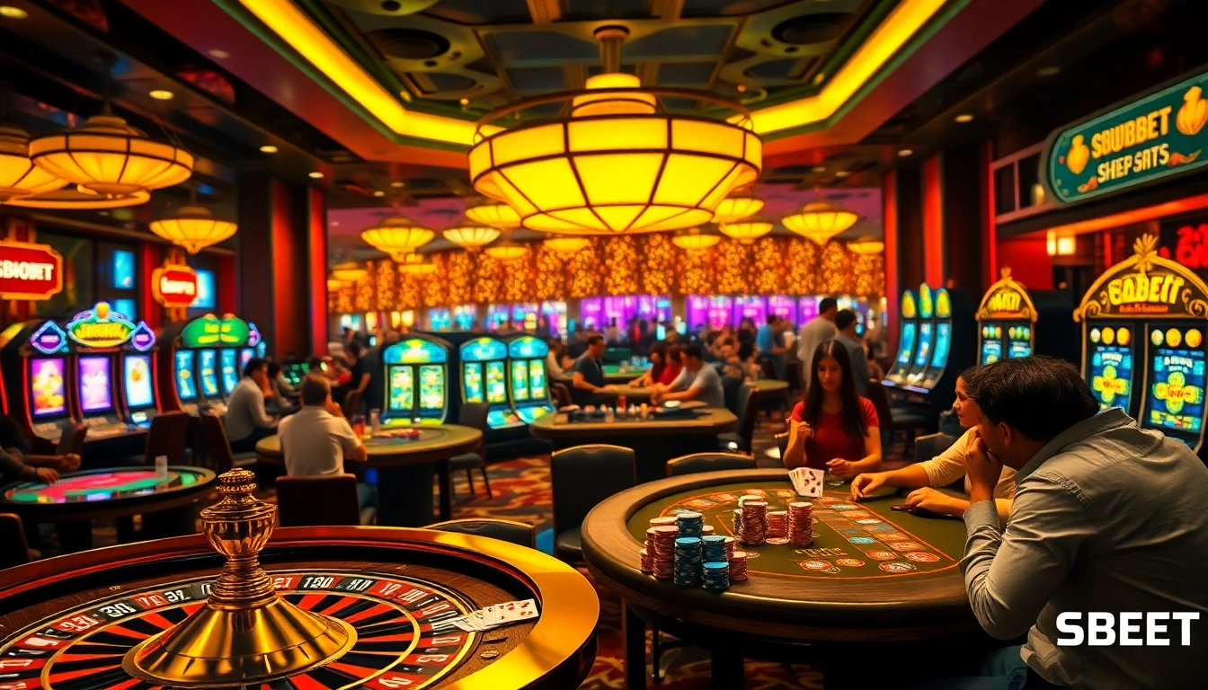 SBOBET gamblers enjoying an exciting poker game surrounded by colorful casino elements and a spinning roulette wheel.