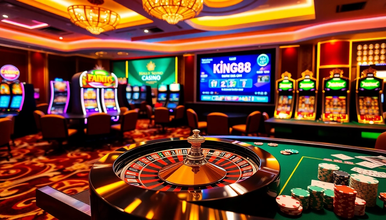 Experience the luxury of betting at https://king88sa.com/ with a vibrant casino scene featuring roulette and poker elements.
