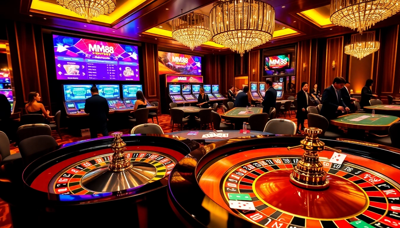Casino atmosphere showcasing MM 88 gaming excitement with poker tables, roulette wheel, and vibrant patrons.