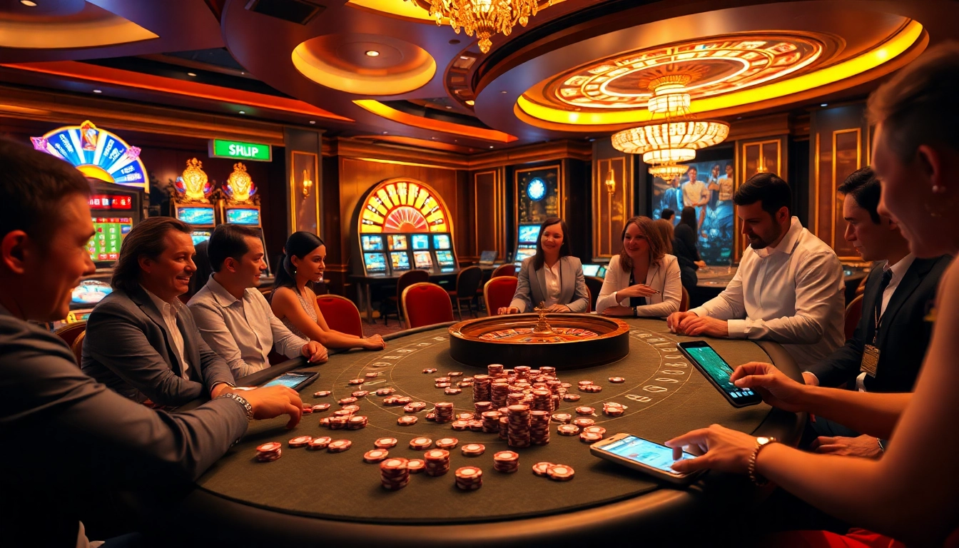 Players engaging at a stylish rikvip casino table with dynamic gaming elements.