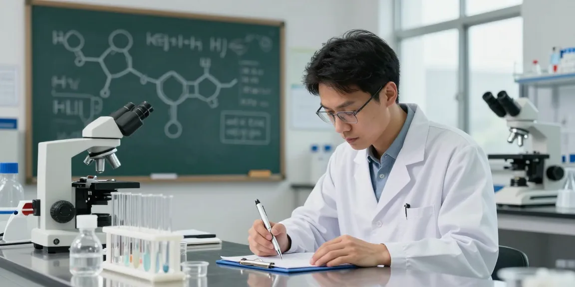 Scientist using a retatrutide pen for laboratory research, surrounded by test tubes and equipment.