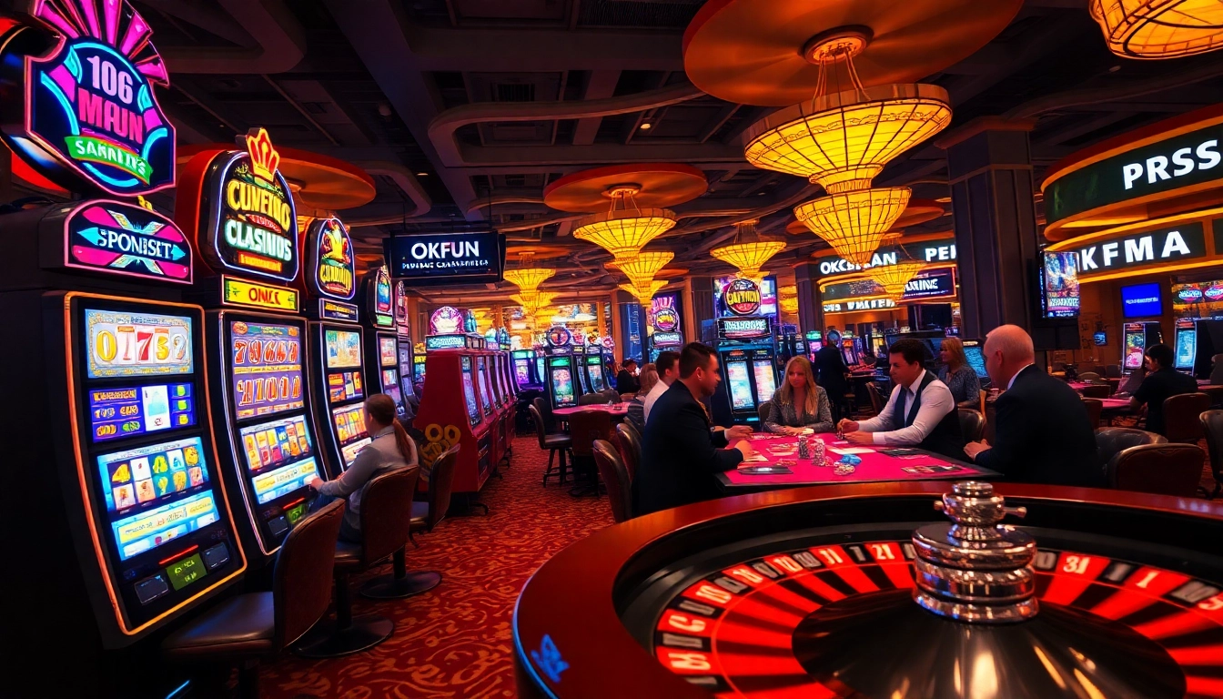 Exciting casino scene showcasing OKFUN branded chips and players engaged in strategic gameplay.