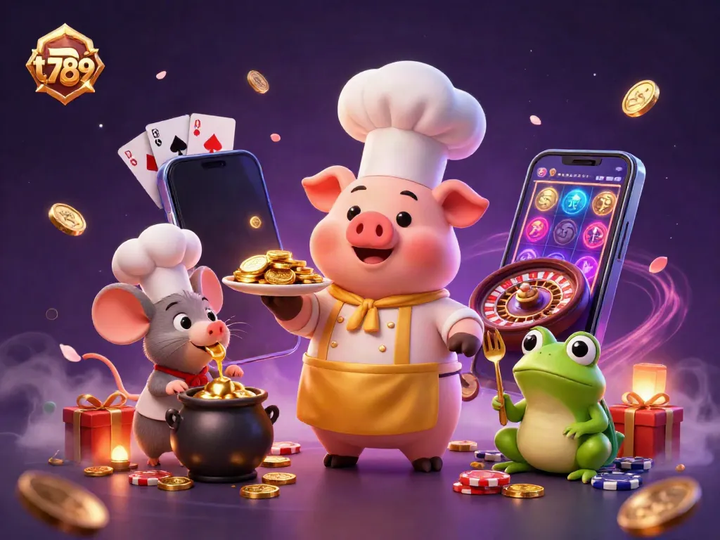 Experience vibrant gaming fun with t 789 as cartoon characters showcase riches in this detailed casino scene.
