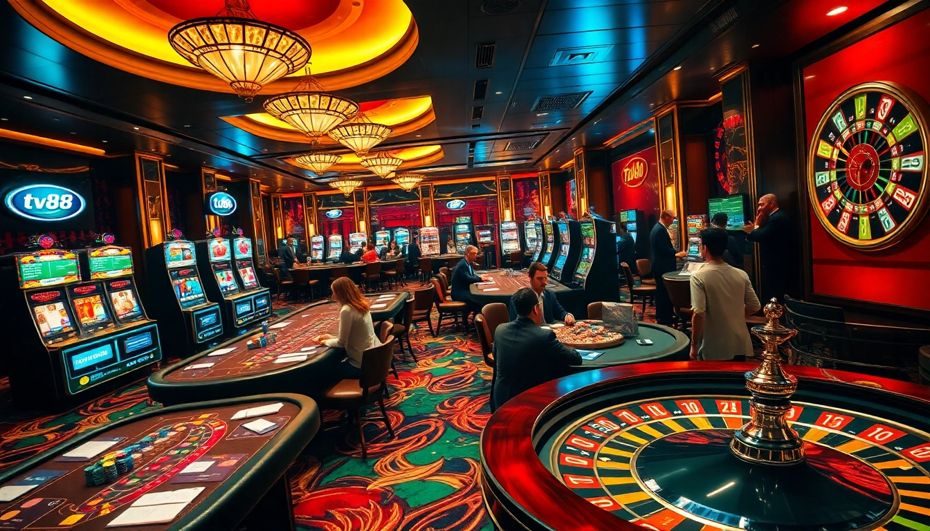 Players enjoying a thrilling game at a luxury casino featuring tv88 and vibrant gaming elements.