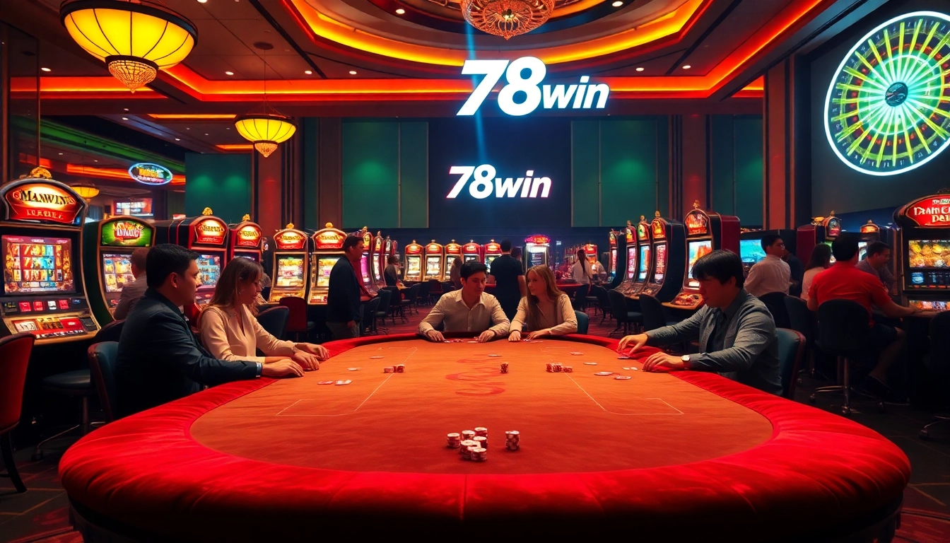 78win offers an immersive casino experience featuring vibrant slot machines and focused players at a poker table.