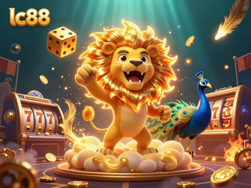 Spin the reels with lc88 at a vibrant casino scene, featuring dynamic gaming elements.