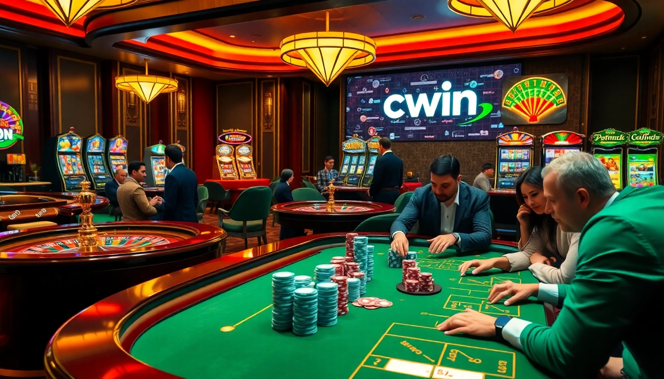 Cwin players enjoying a thrilling casino atmosphere with poker chips and roulette games.