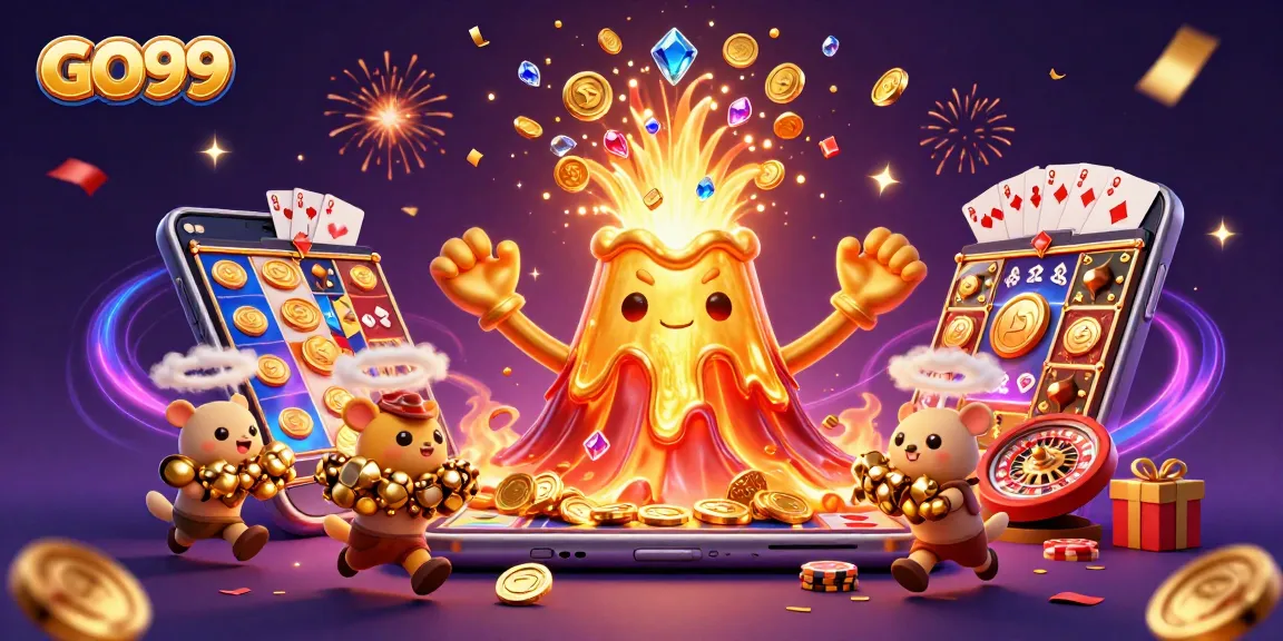 Experience thrilling wins at GO99 with a golden volcano erupting coins and treasures in a vibrant gaming scene.