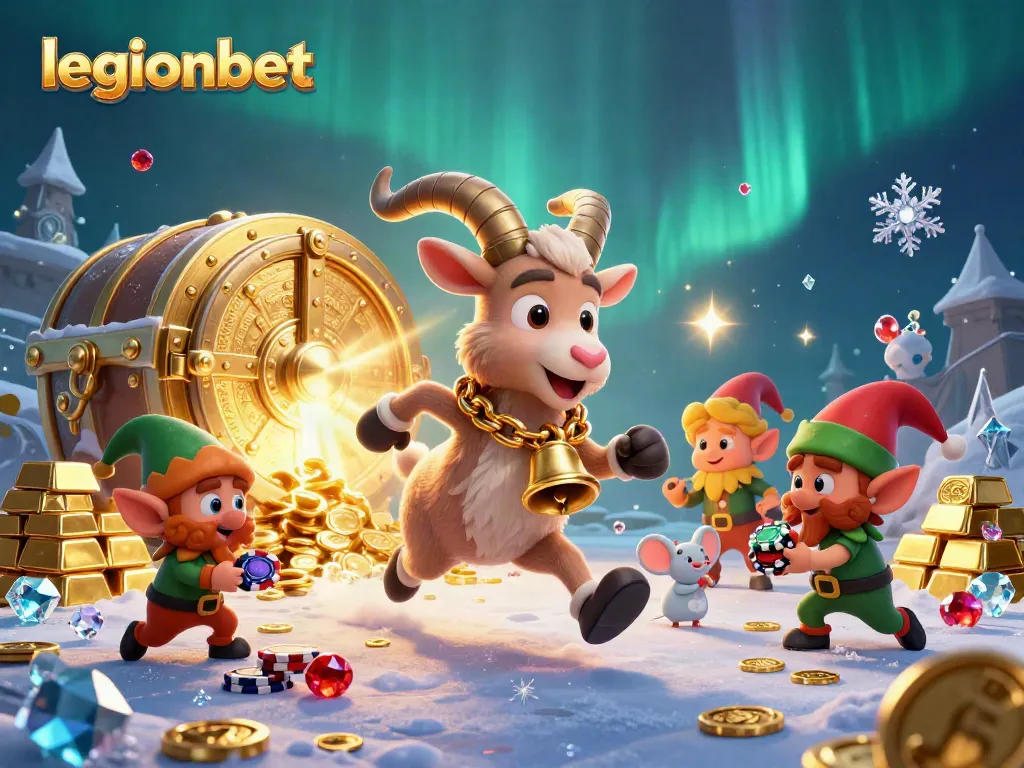 Play and win at legionbet with our festive casino scene featuring fun characters and treasure elements.