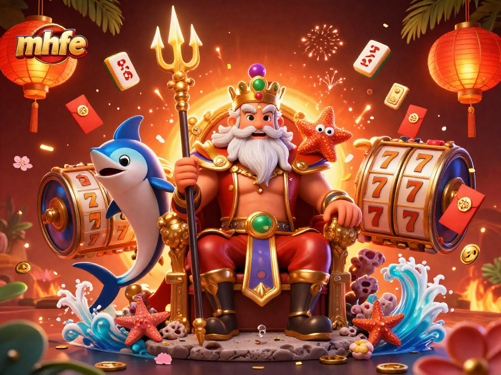 Experience thrilling gaming action with mhfe in a vibrant 3D casino scene featuring lucky symbols and sea king Neptune.
