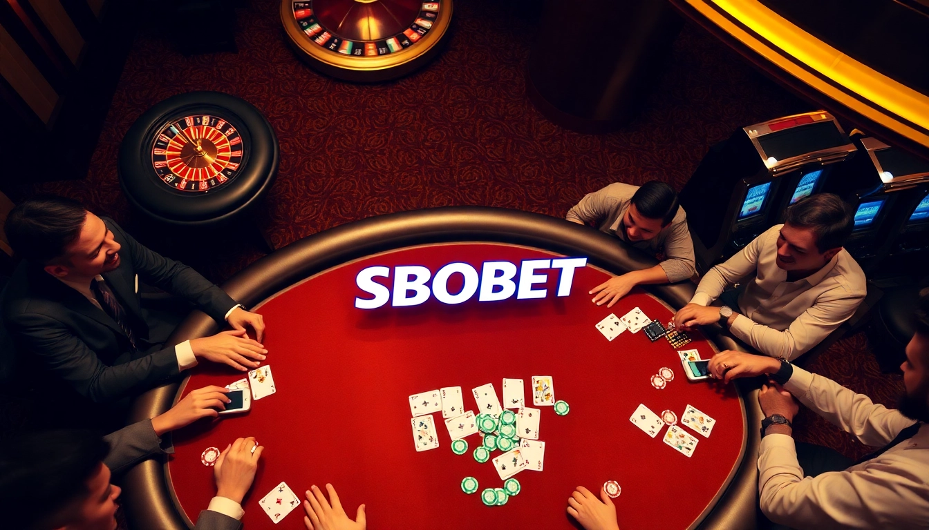 Experience the thrill of SBOBET gaming at a luxury casino with vibrant poker tables and slot machines.
