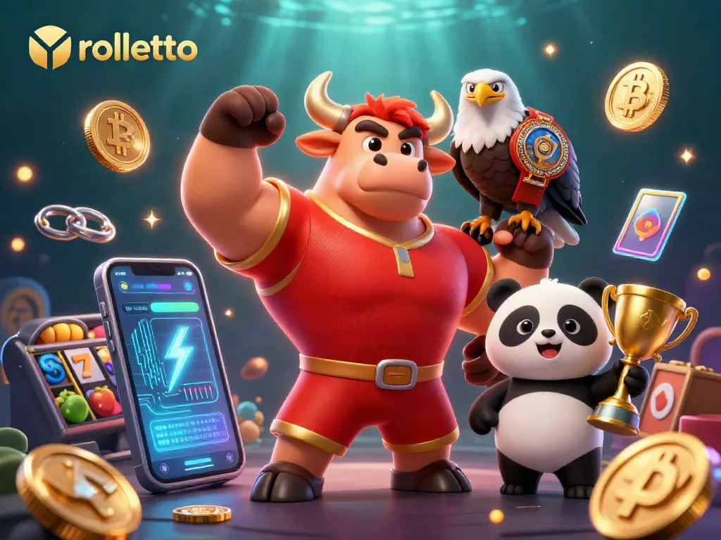 Experience rolletto's vibrant gaming world through an energetic 3D illustration of characters celebrating wins with crypto elements.