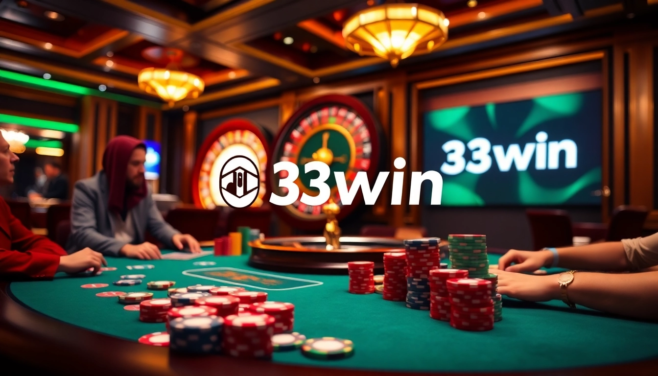 Experience high-stakes excitement at the 33win casino, featuring poker tables and vibrant gaming elements.