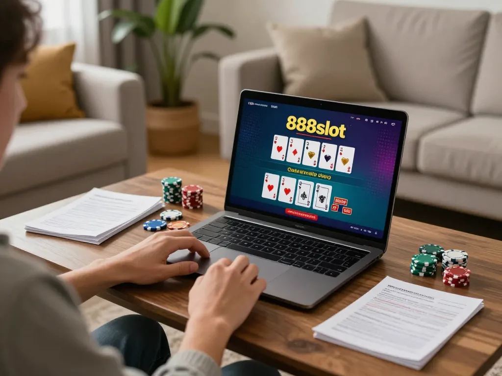 Player enjoying blackjack online at 888slot with a cozy home gaming setup and strategic notes.