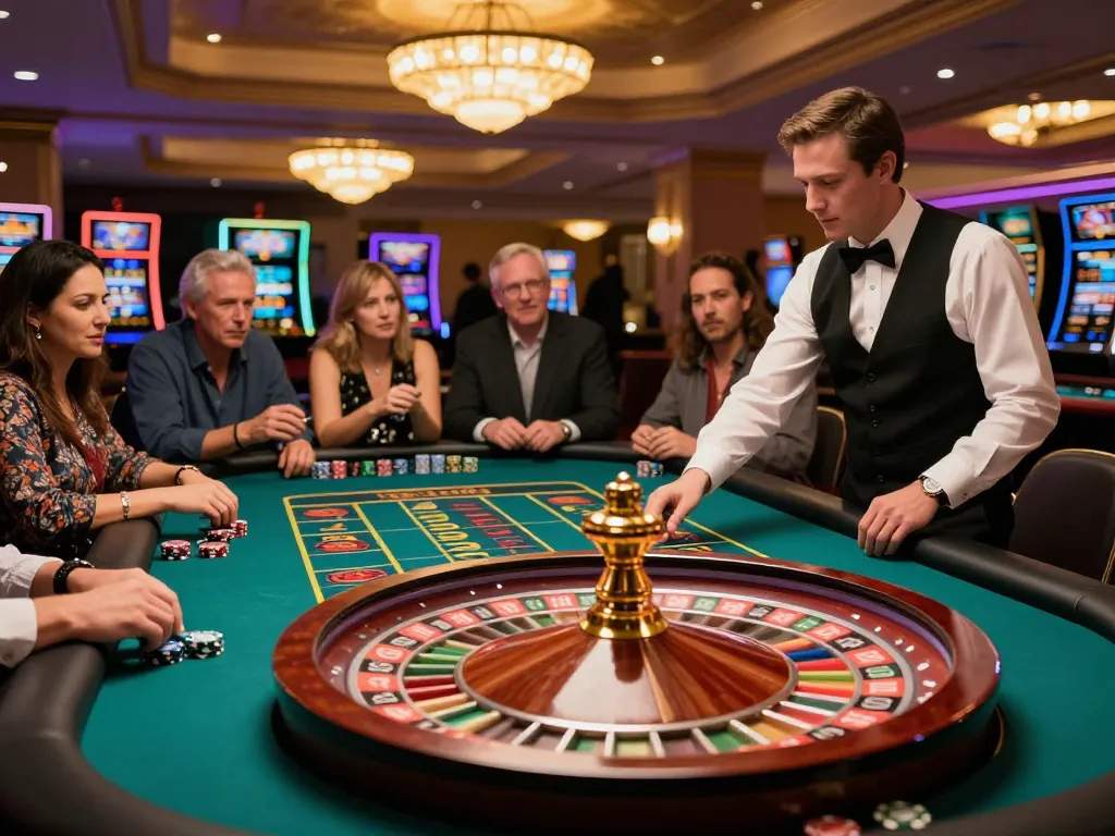 Roulette table action with players watching the wheel spin at an upscale casino.