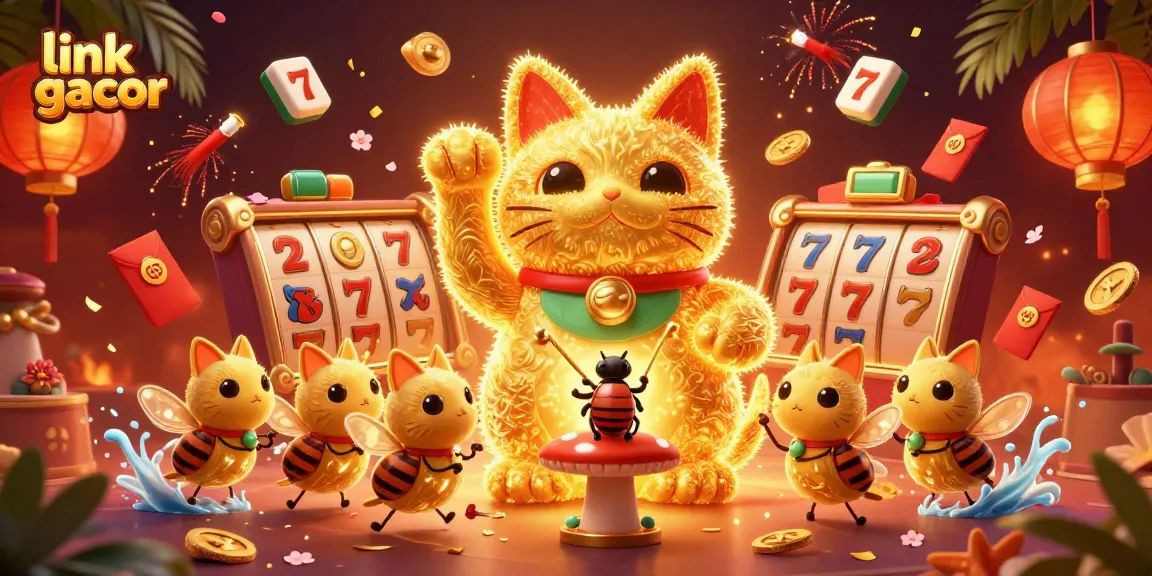 Spinning slot reels and a lucky cat form the brand "link gacor" in an enchanting casino illustration.