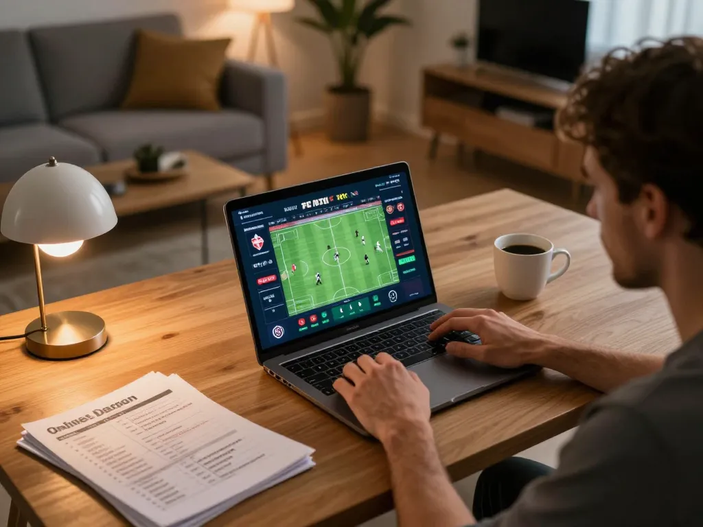 KQBD sports betting player engaging with online platform in cozy home setting