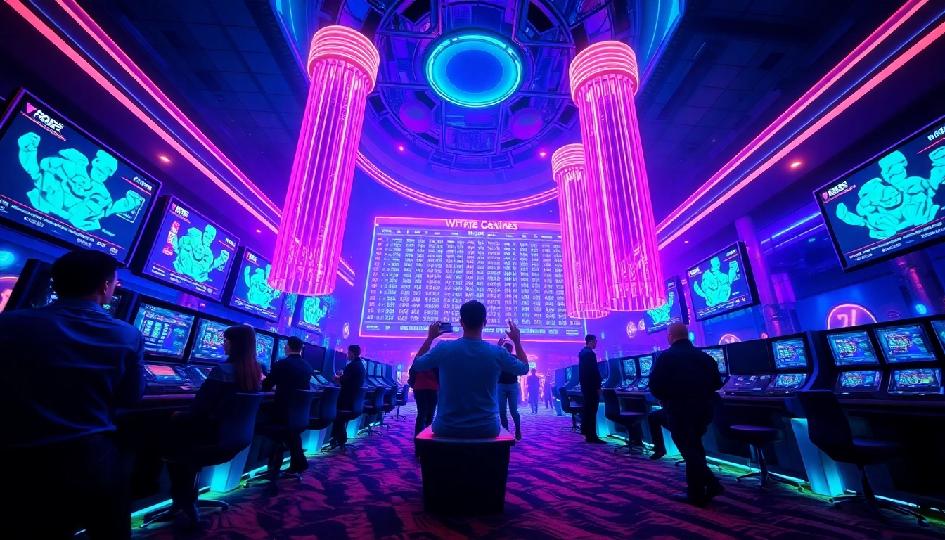 Gamblers engaged with New Technology in a futuristic casino setting.