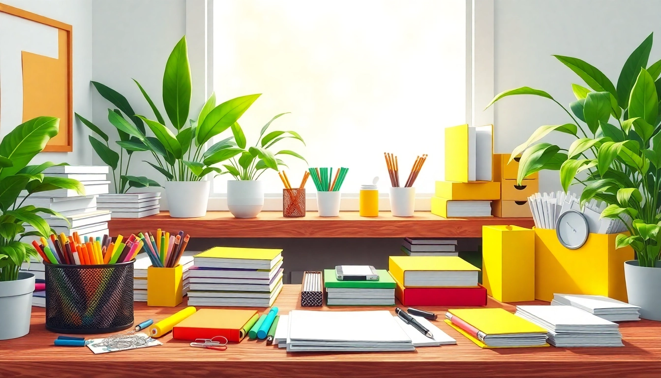 Explore a vibrant workspace filled with discount office supplies like colorful stationery and modern organization tools.