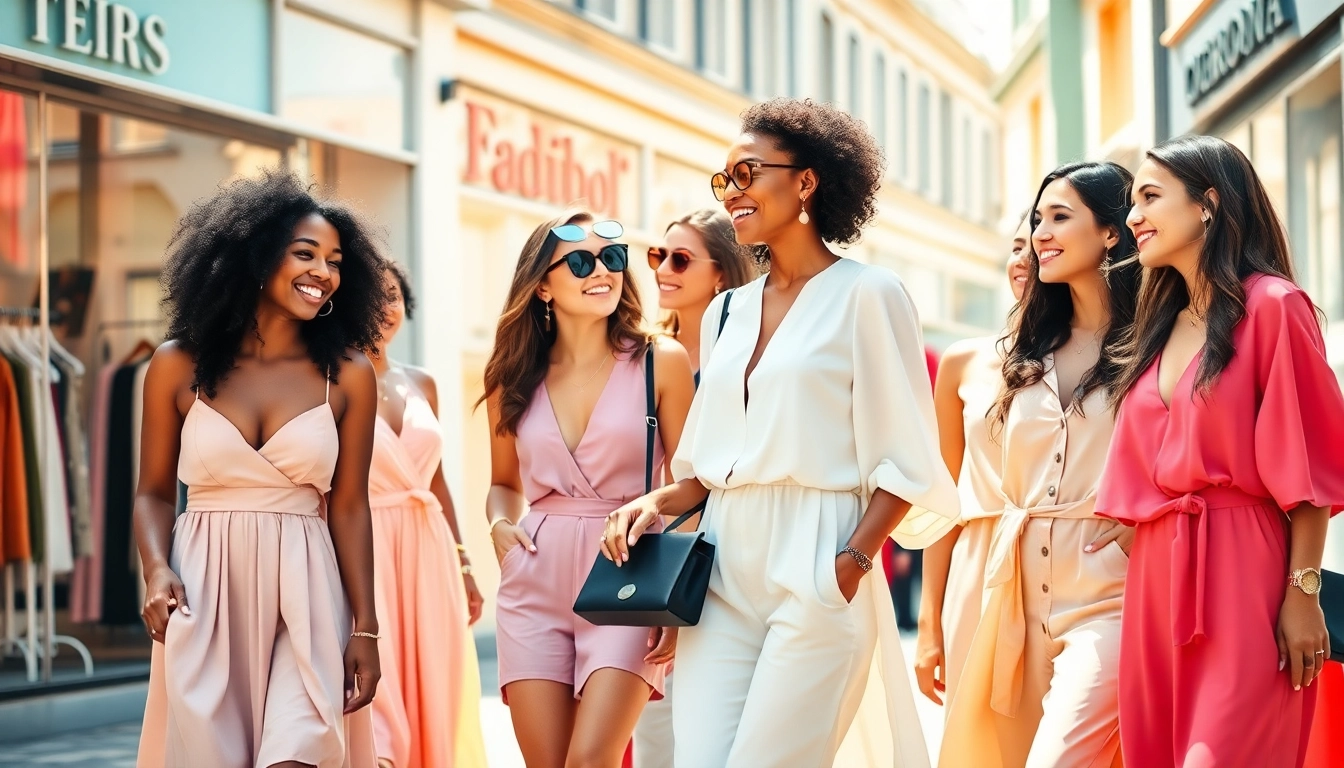 Discover the latest women fashion styles through women showcasing trendy outfits in a vibrant urban setting.