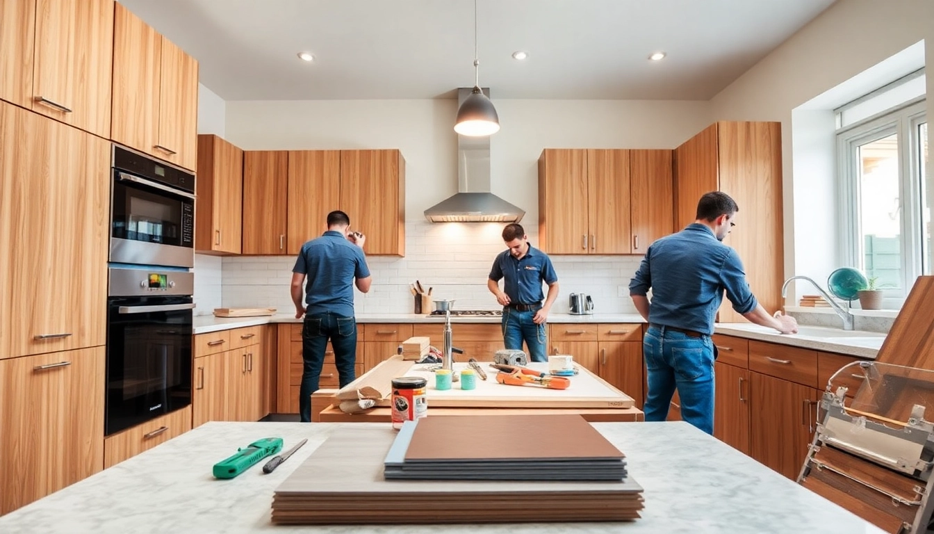 Skilled kitchen fitters expertly installing modern cabinetry and countertops.