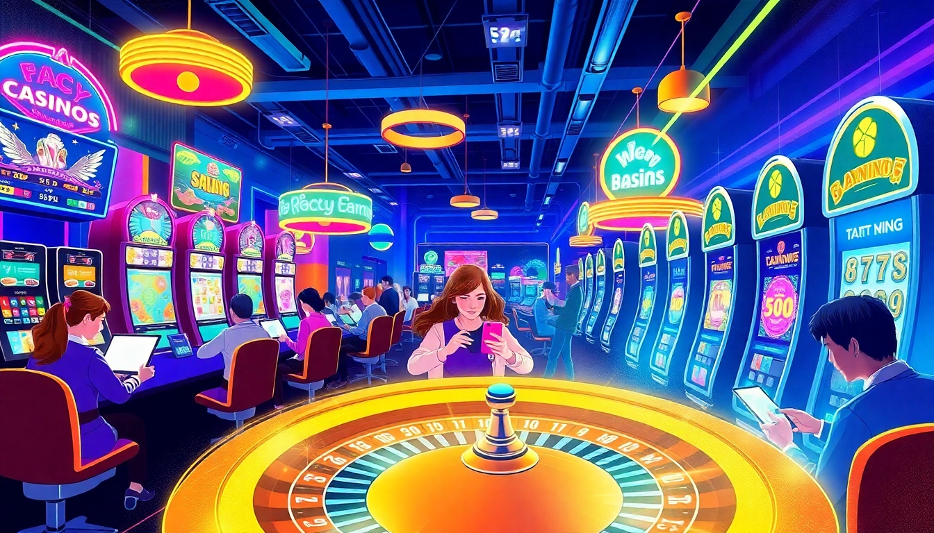 Cazinouri online Germania: Players immersed in thrilling online games with vibrant graphics.