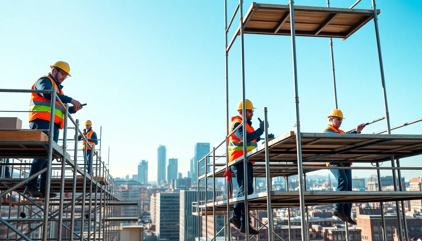 Scaffolders Bolton actively working on scaffolding structures in a bustling cityscape.