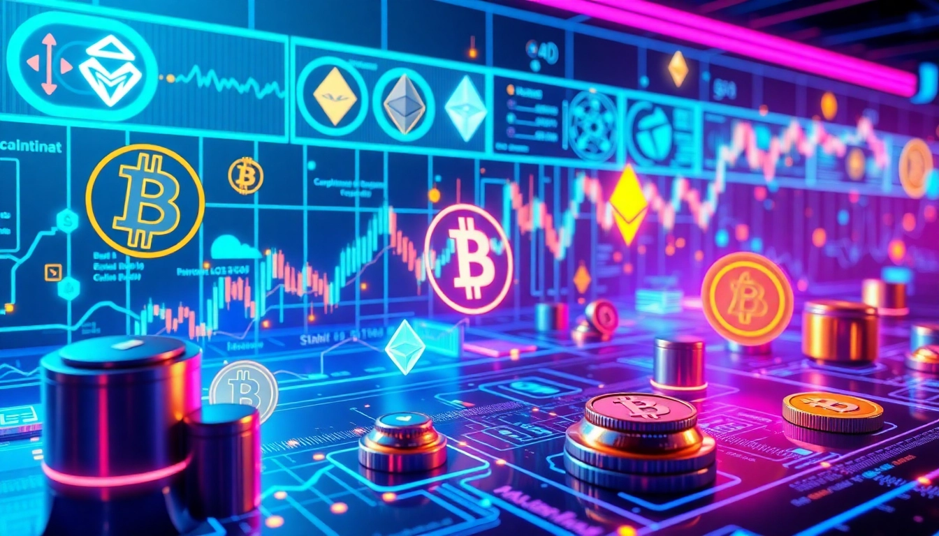 Cryptocurrency concepts including Bitcoin, Ethereum, and trading charts representing the blockchain network.