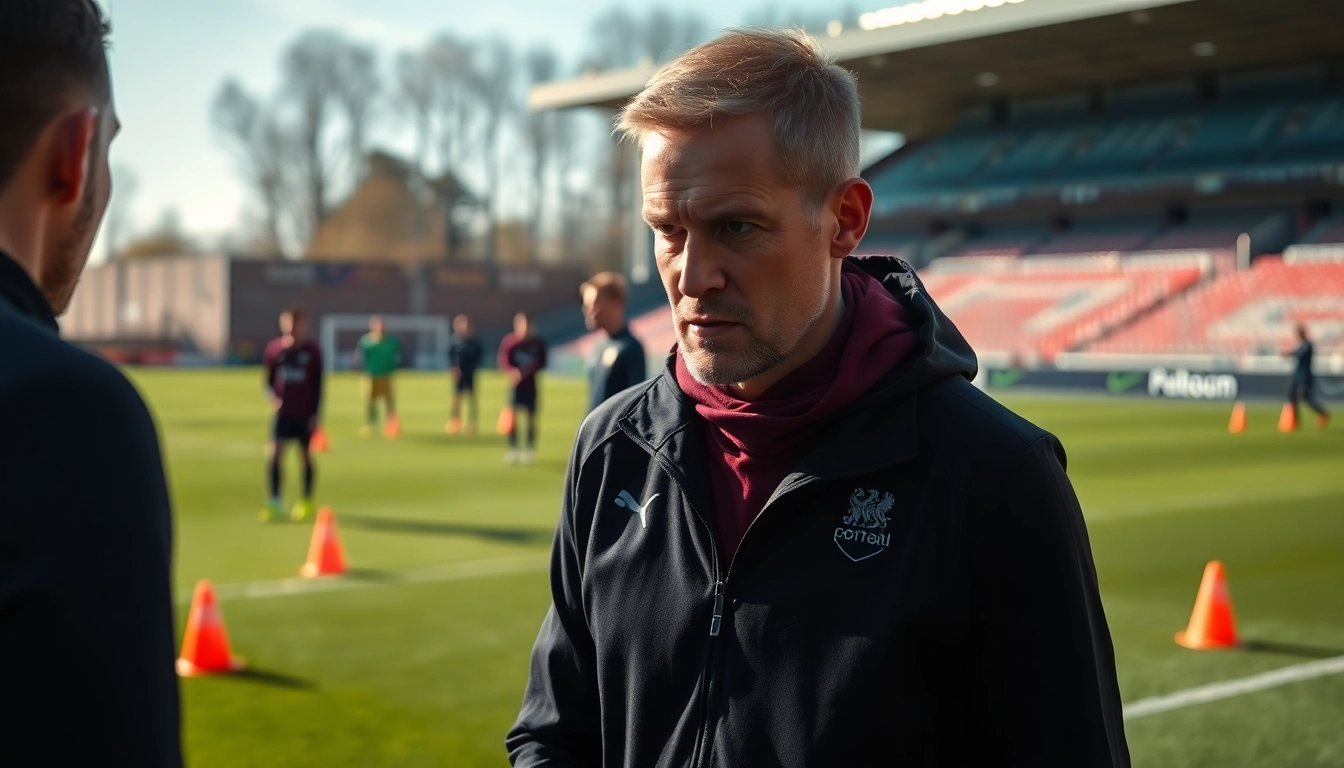 Capturing the sports career of Sean Dyche coaching on the pitch during a training session.