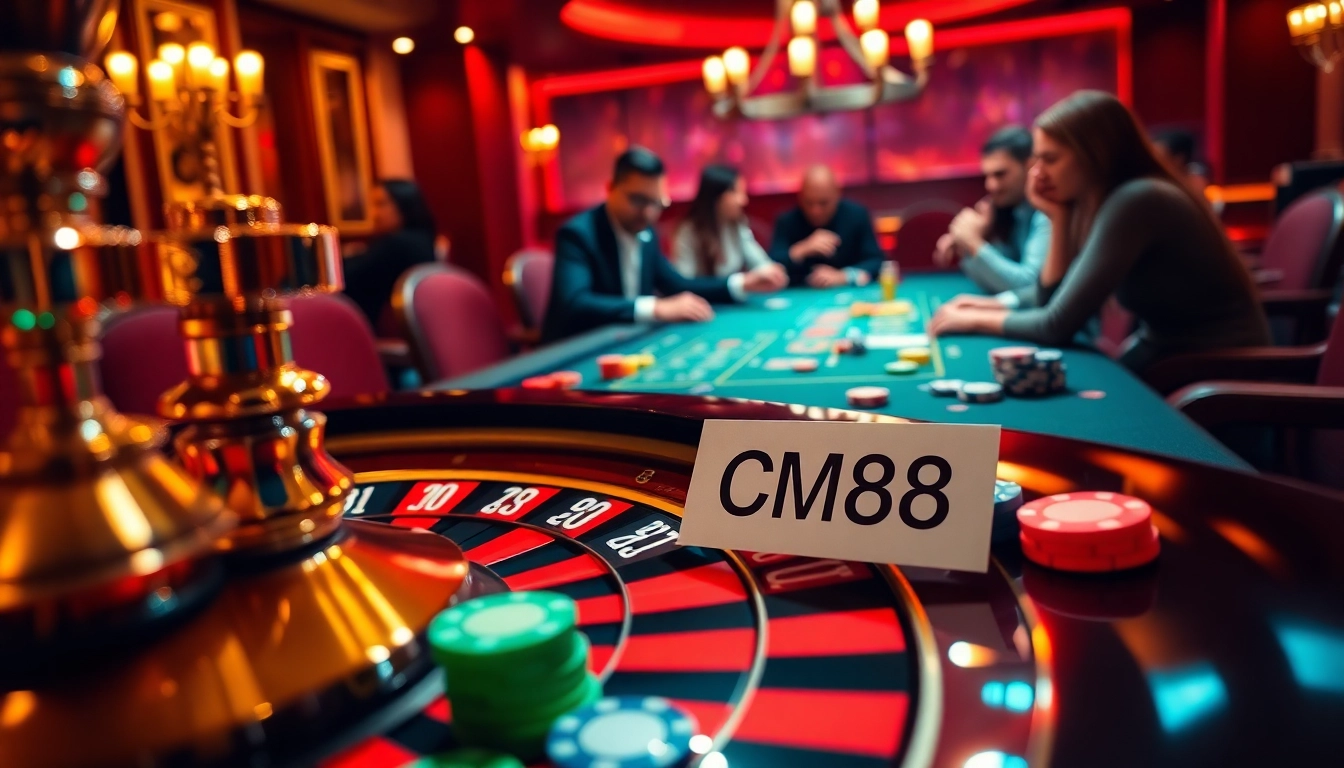Experience the thrill of gambling at CM88 with an exciting roulette wheel and poker table scene.