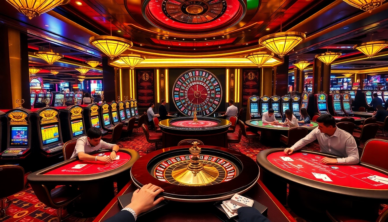 Players enjoying a vibrant casino scene with win55-themed slot machines and roulette tables, immersed in excitement.