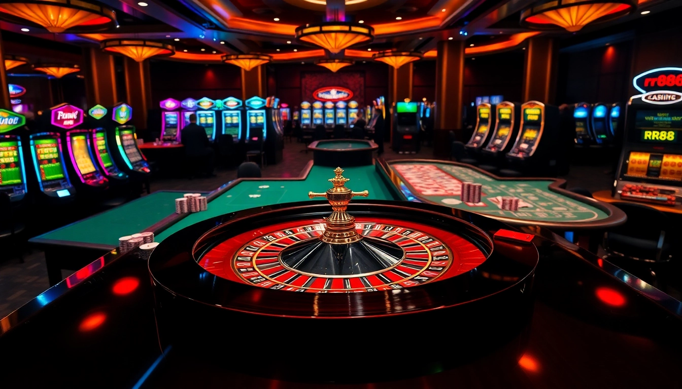 Exciting gambling action at rr88 casino with roulette, poker chips, and slot machines.