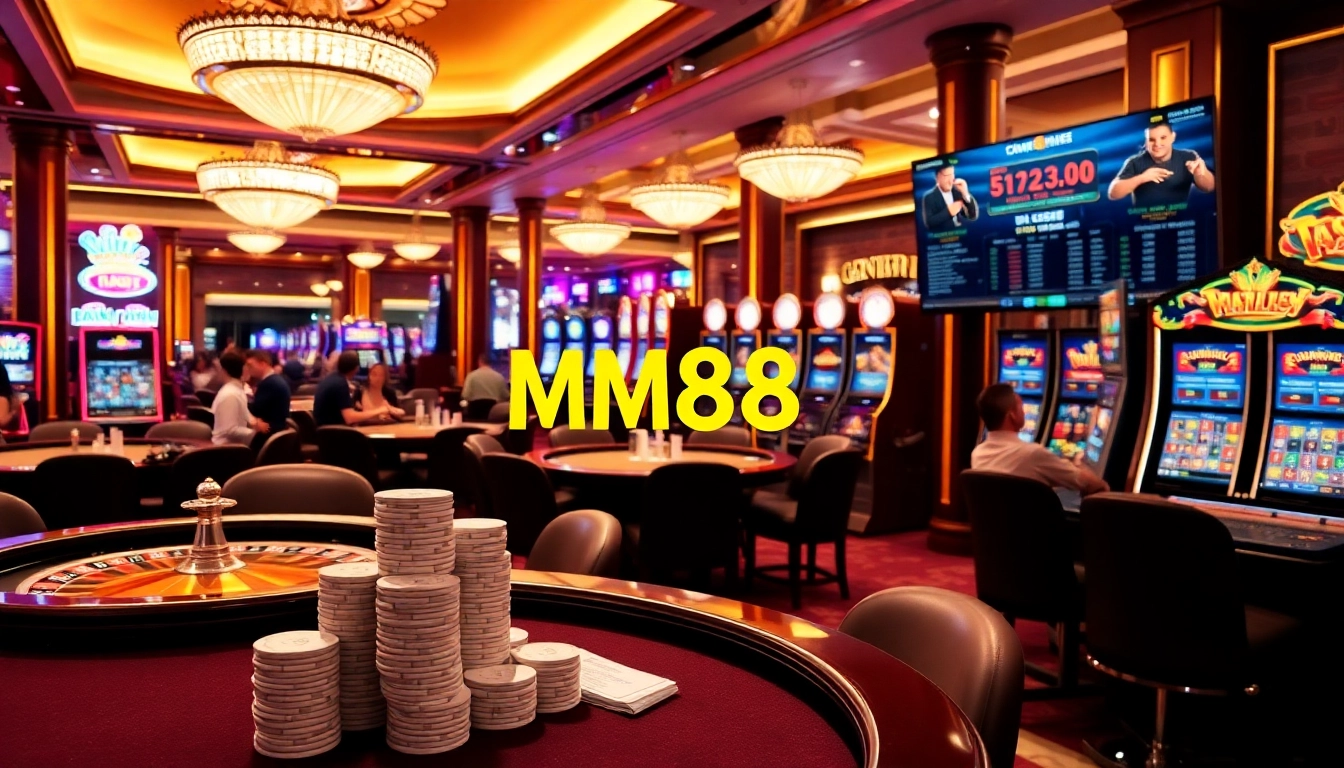 MM88 showcases a vibrant casino scene with players engaged in thrilling games and vibrant slot machines.