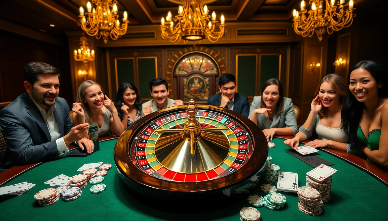 Players enjoy exciting games at KJC's online casino, showcasing poker chips and roulette wheels.