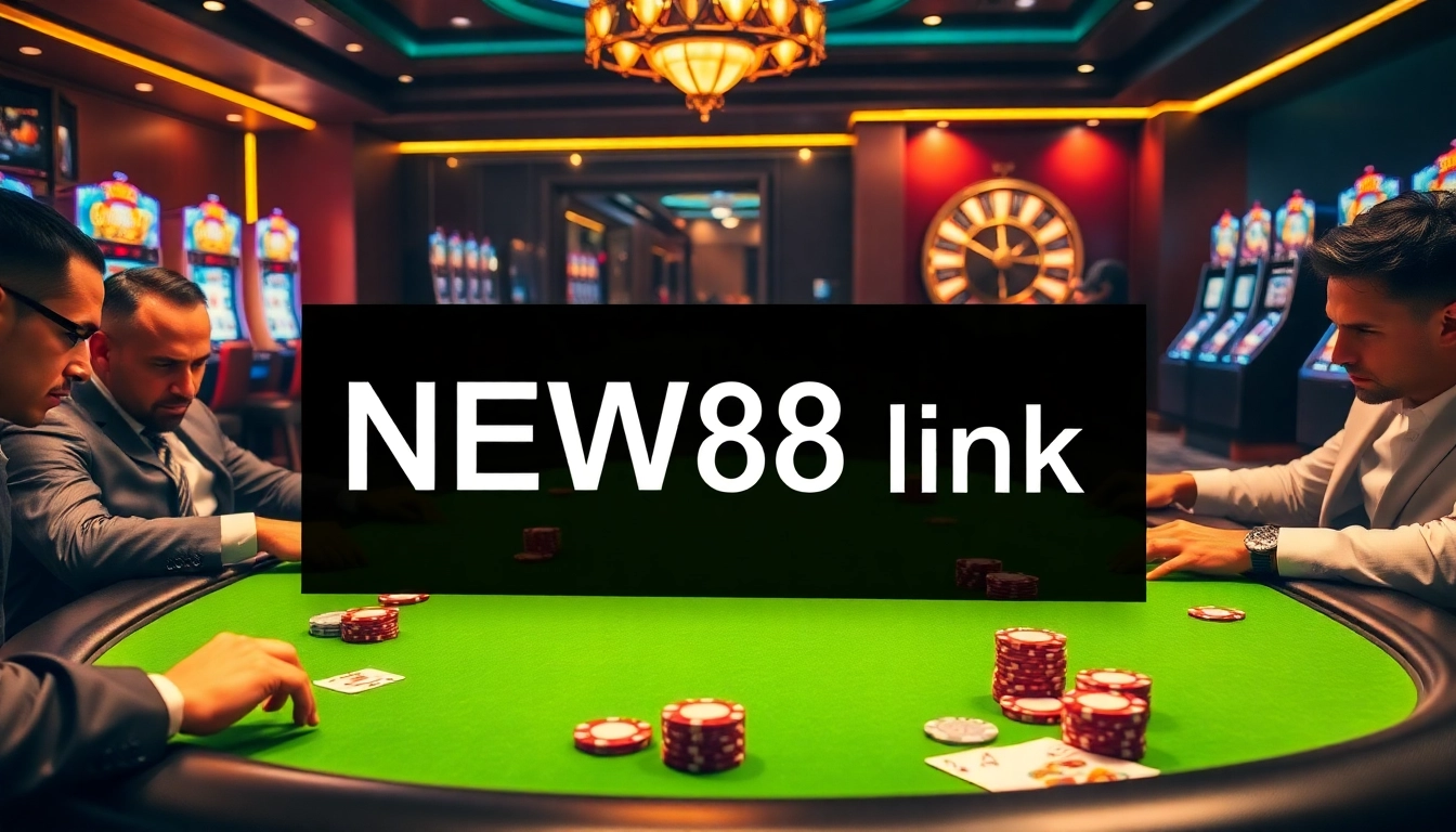 Intense poker players strategize at a luxurious casino table, featuring the NEW88 link on a digital interface.