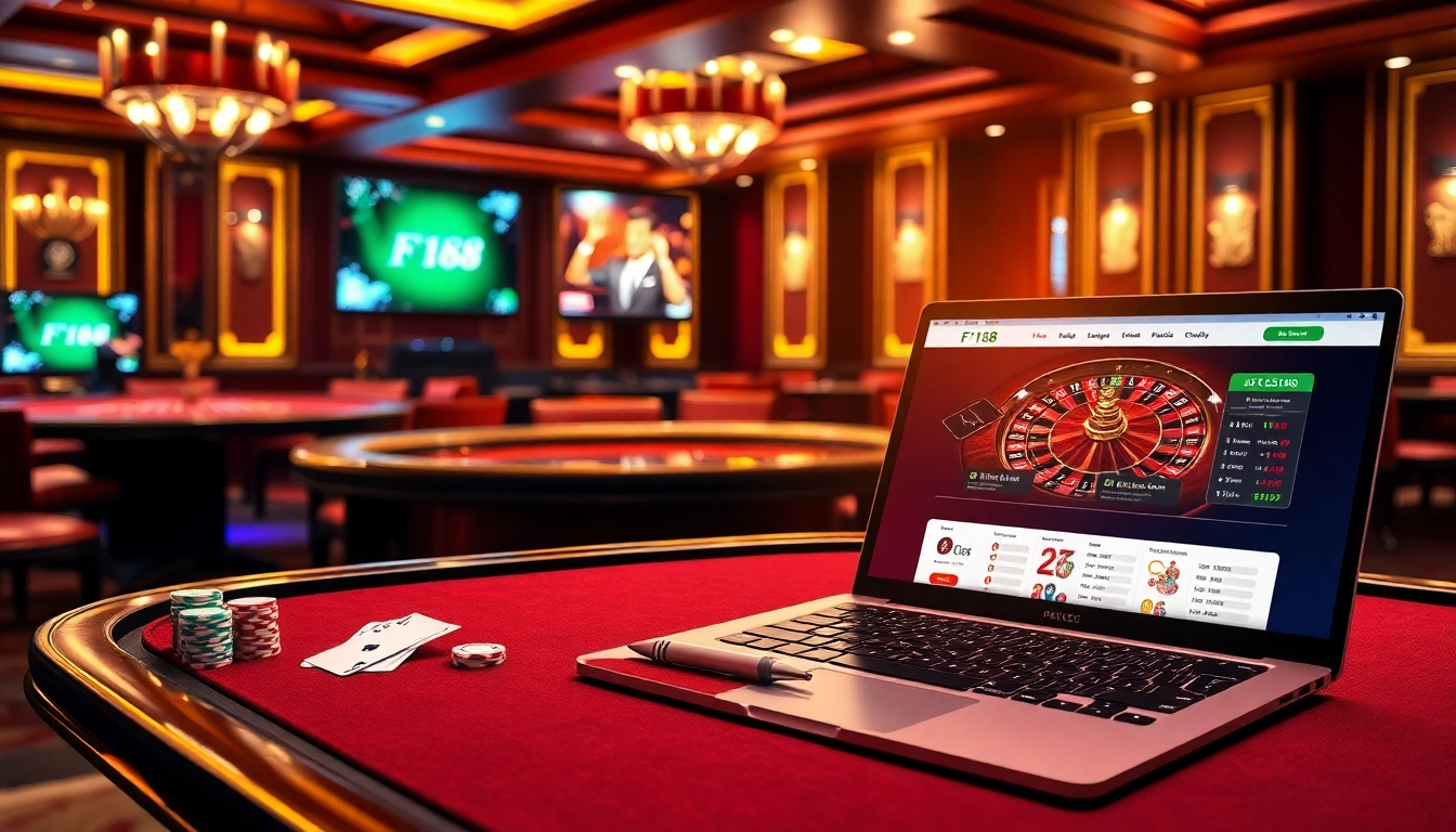 F168 hosting an exciting online gambling experience with casino tables and roulette wheels.