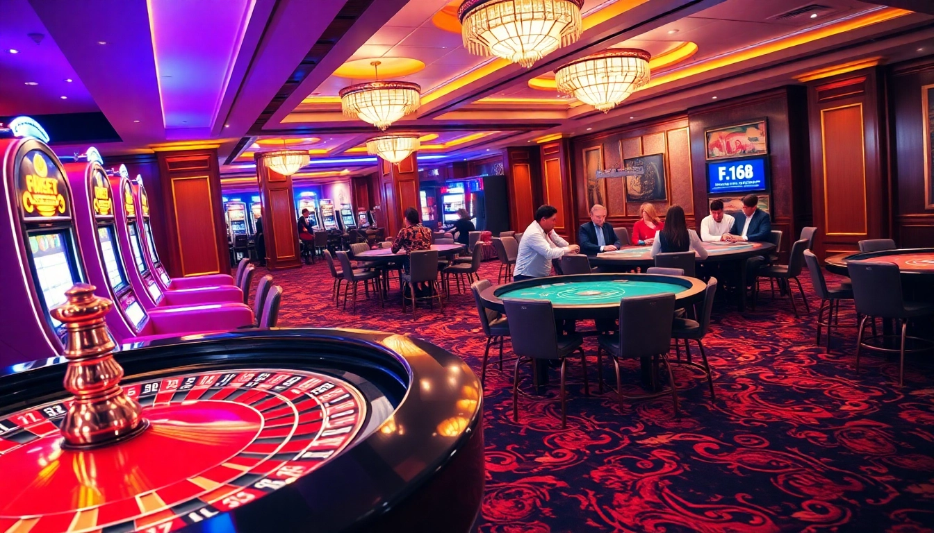 Experience the thrill of F168 with a high-stakes casino atmosphere featuring roulette and poker games.