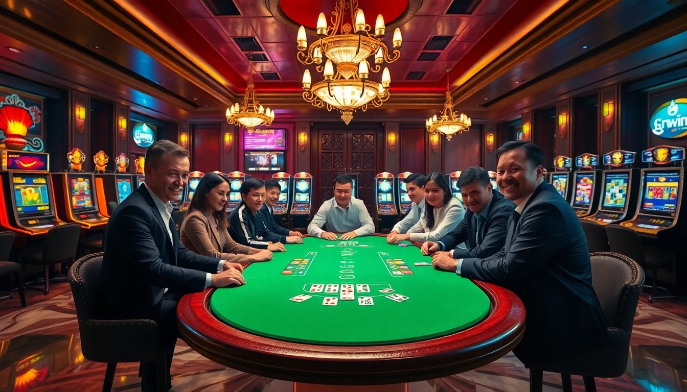 Engaged players at a poker table in a luxurious 6rwin Vip casino setting, showcasing excitement and strategy.