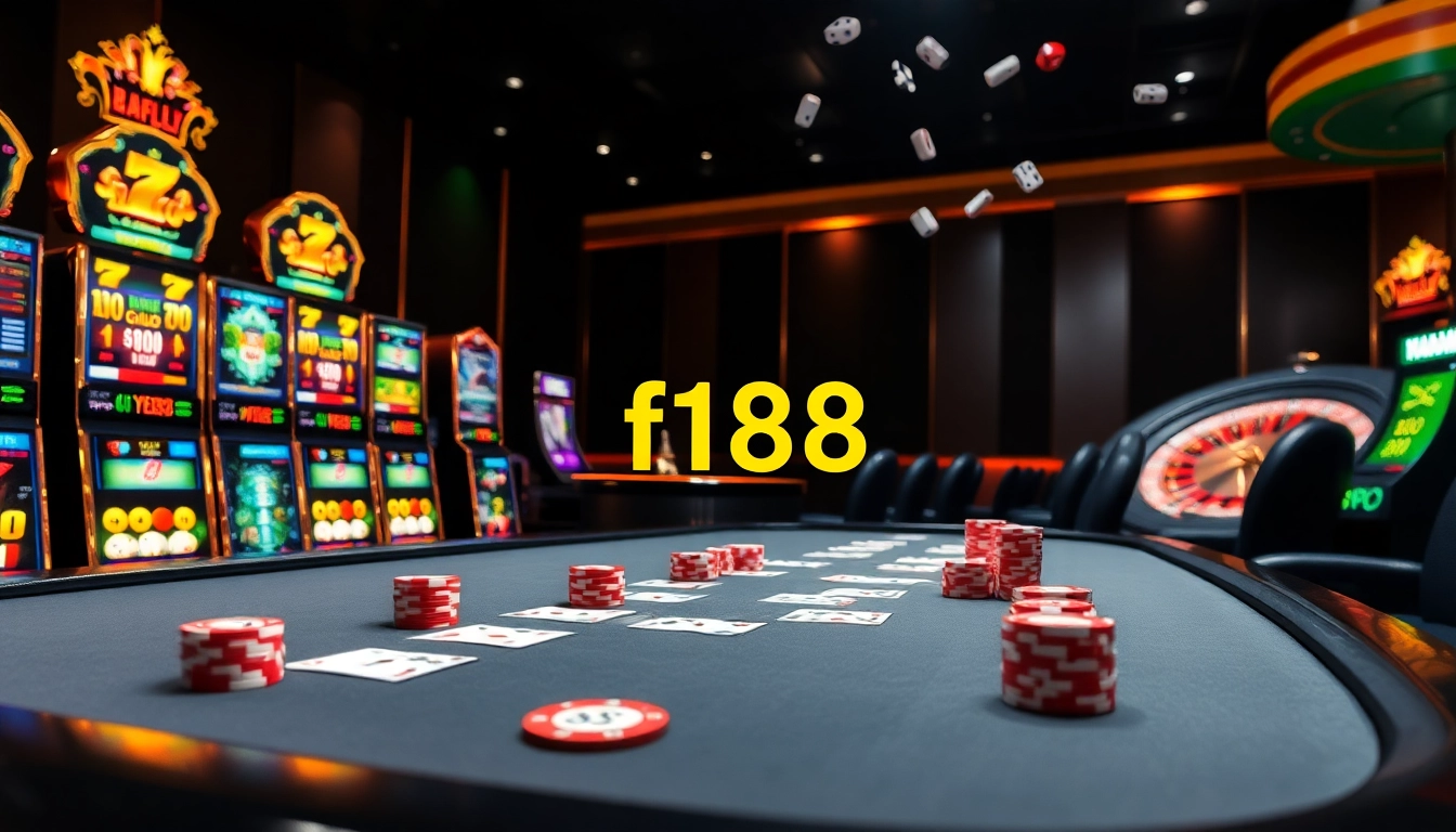 Experience the thrill of f168 with sleek poker tables and vibrant slot machines reflecting excitement in the casino.