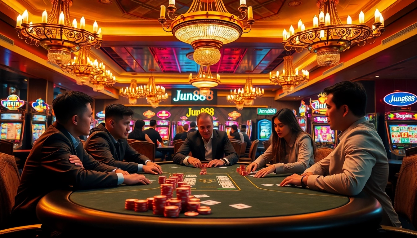 Players strategizing at a high-stakes poker table in a luxurious setting, showcasing Jun888's thrilling gambling experience.