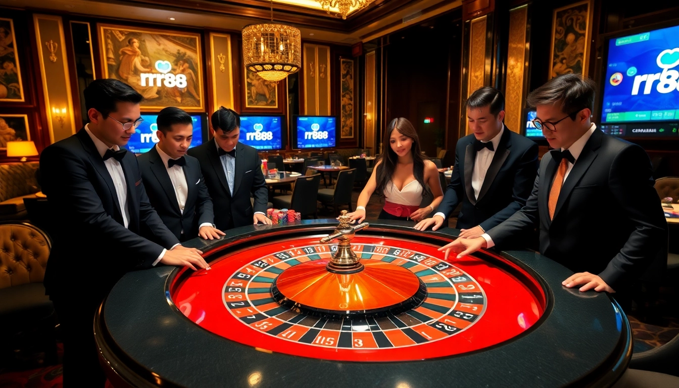 Professionals enjoying a thrilling roulette game at rr88, surrounded by luxurious casino features.